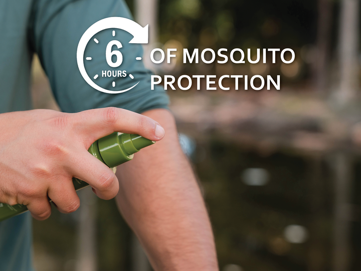 Person applying Absolutely Natural DEET-Free Insect Repellent to their arm outdoors, highlighting up to 6 hours of mosquito protection.