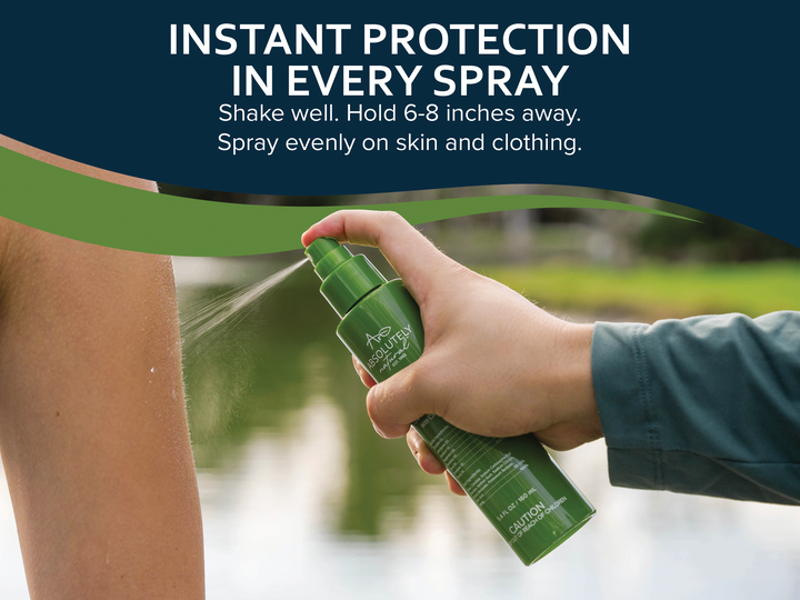 Hand spraying Absolutely Natural DEET-Free Insect Repellent with Citronella Oil onto skin outdoors, with instructions for even application on skin and clothing.