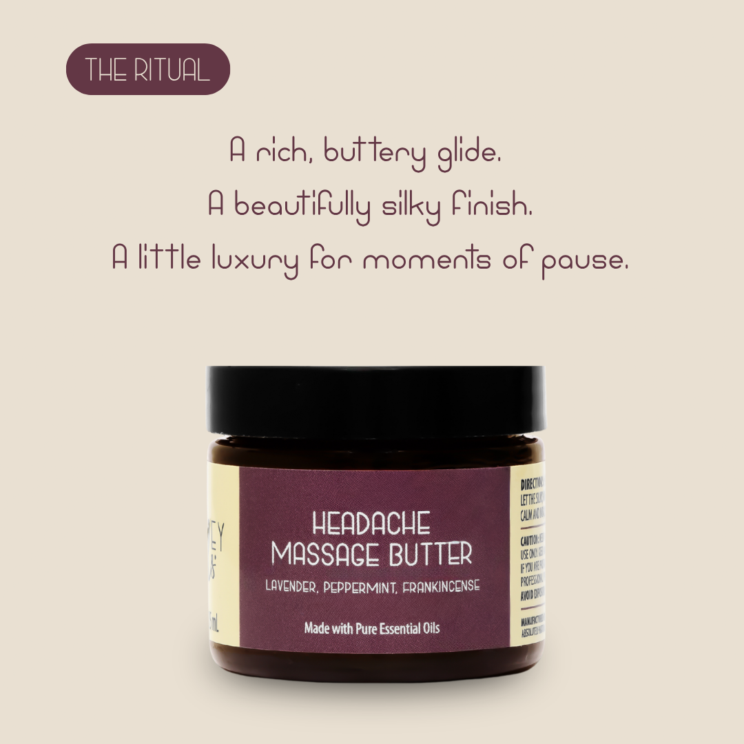Kinsley Oils Headache Massage Butter in an amber jar with a black lid, displayed against a soft beige background with text highlighting its rich, buttery texture, silky finish, and luxurious self-care experience.