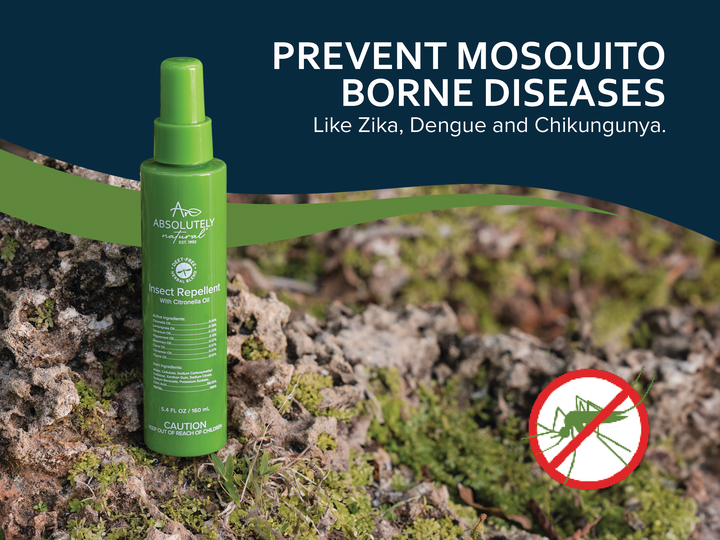 Absolutely Natural DEET-Free Insect Repellent with Citronella Oil displayed outdoors on mossy rocks, highlighting mosquito protection against insects that can transmit Zika, dengue, and chikungunya.