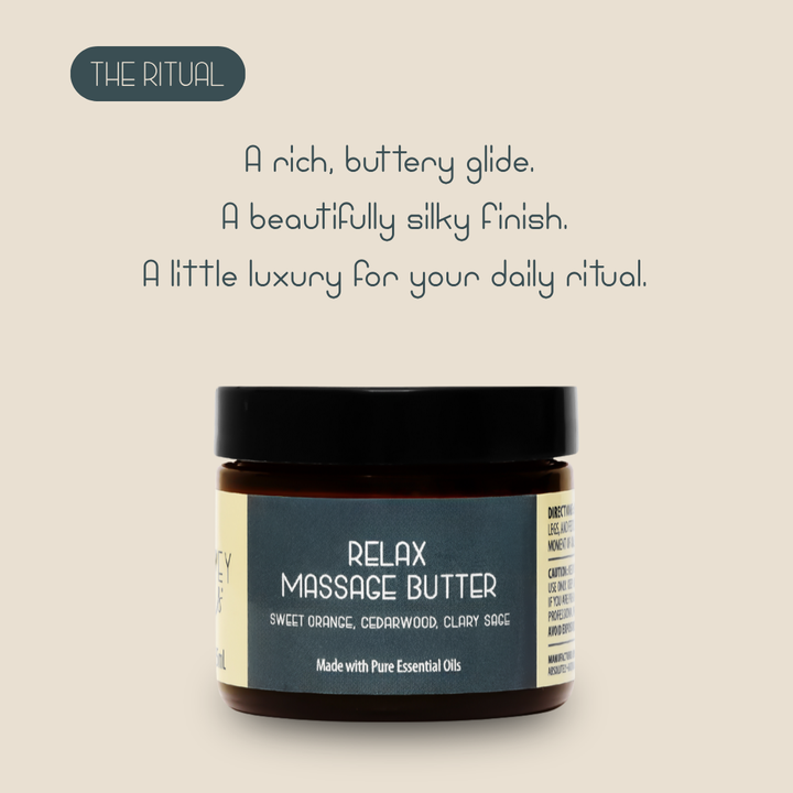 Kinsley Oils Relax Massage Butter with sweet orange, cedarwood, and clary sage essential oils, displayed in an amber jar against a soft beige background with text highlighting its rich, buttery texture, silky finish, and luxurious feel for daily self-care rituals.