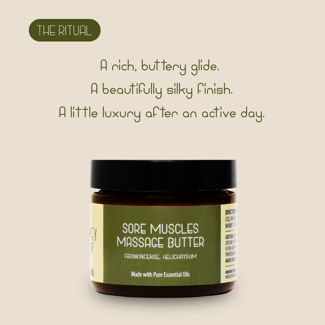Kinsley Oils Sore Muscles Massage Butter with frankincense and helichrysum essential oils, displayed in an amber jar against a soft beige background with text highlighting its rich, buttery texture, silky finish, and luxurious feel after an active day.
